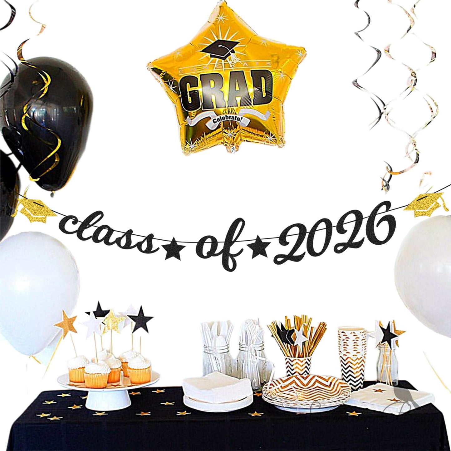 Black-White Gold Party-Decorations Graduation Banner - 8pcs Kits Class of 2026 Cap Garland Streamers, Paper Tissue Pom Poms Flowers, Congratulations Grad Decor Lasting Surprise