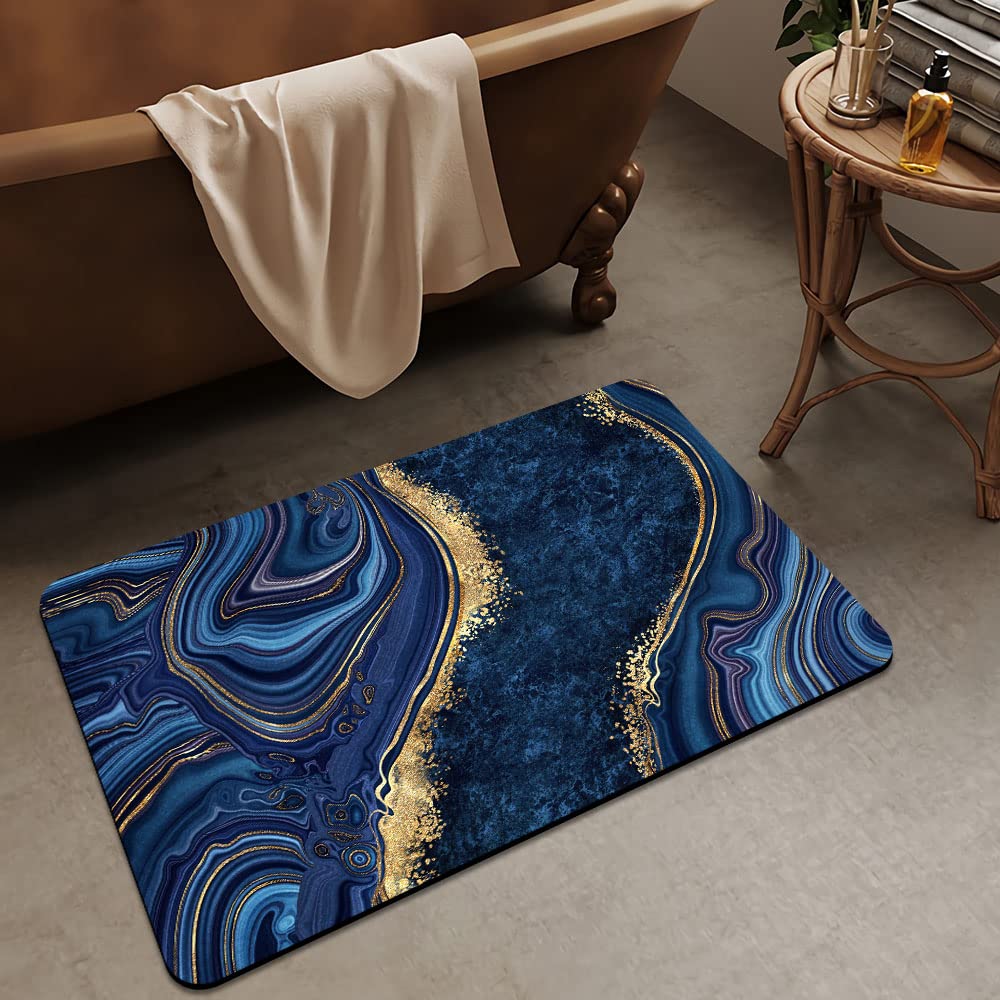 ZHUZHISHAN Bath Mat Rug,Dark Blue Gold Marble Non Slip Quick Dry Super Absorbent Thin Bathroom Rugs Fit Under Door-Easy to Clean Bathroom Floor Mats-Shower Rug for Shower Sink Bathtub(16" x 24"in)