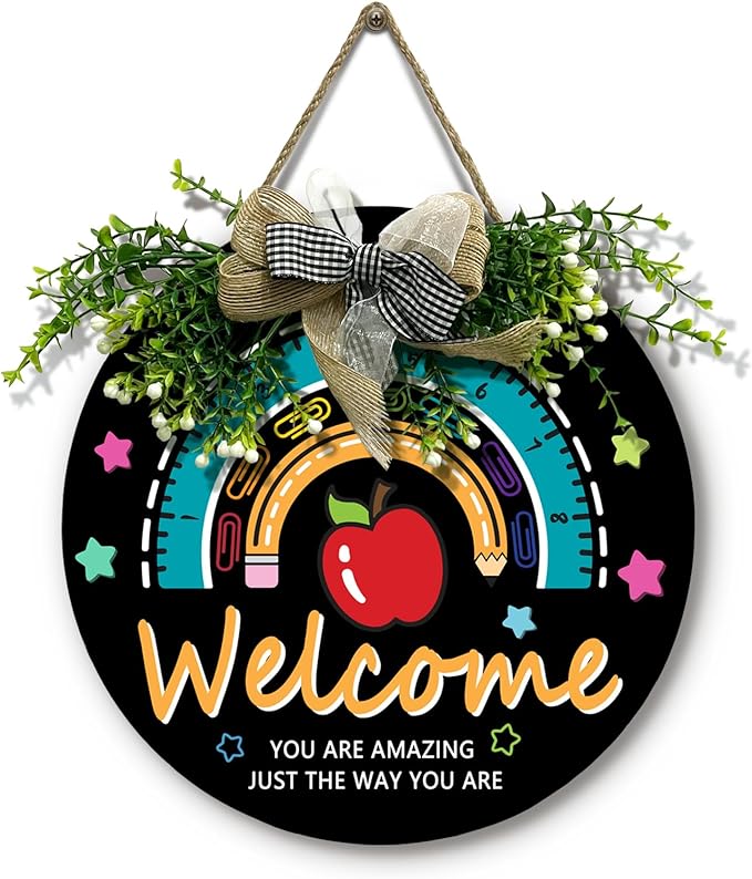 Classroom Teacher Door Sign Wooden Welcome Classroom Door Sign Teacher Wreath for Classroom Door Rainbow Hanging Plaque Inspirational You are Amazing Quote Kids Classroom Decor 12 inch
