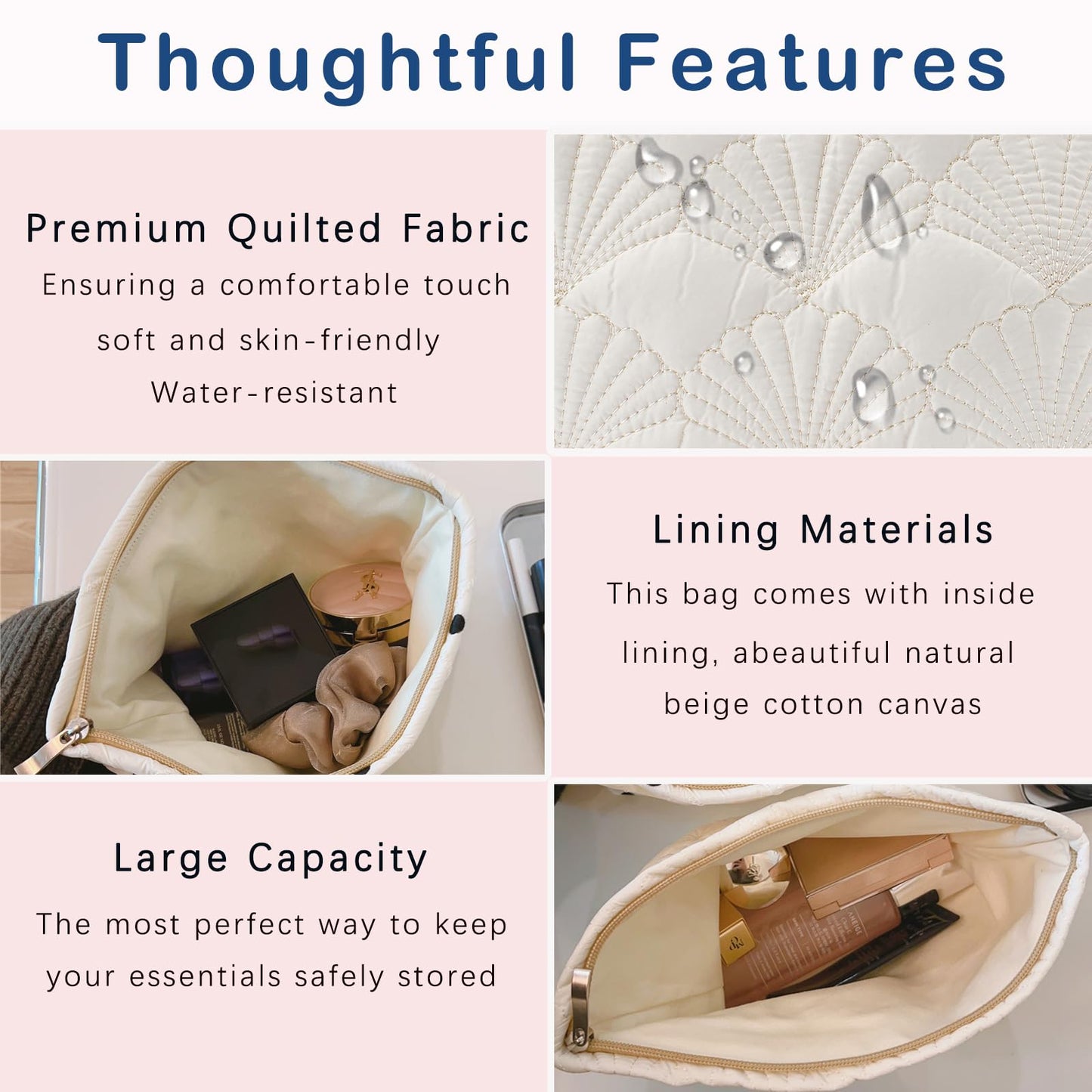RSRSLEII Quilted Cotton Coquette Makeup bag, Coastal Granddaughter Aesthetic Cosmetic Bag, Cute Seashell Portable Travel Toiletry Pouch (01White)