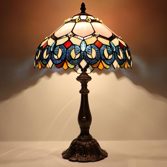 Tiffany Lamp Pink Stained Glass Table Lamp Bedside Reading Light W12H19 Inches (Pink Baroque Style)