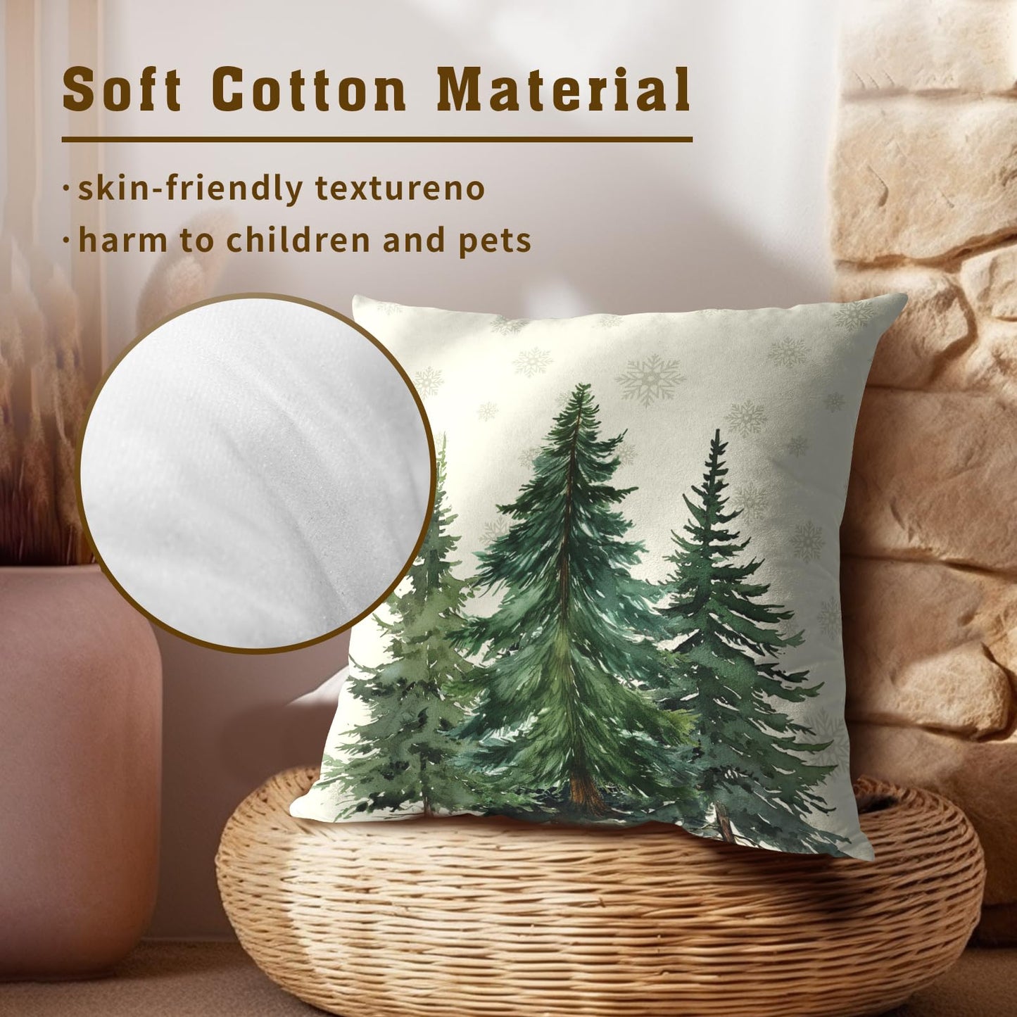 Green Christmas Tree Pillow Covers 16x16 In, Winter Nature Birch Forest Snowflake Throw Pillows Cover Farmhouse Decorative Pillow Case for Couch Bed Sofa Outdoor Patio Decor