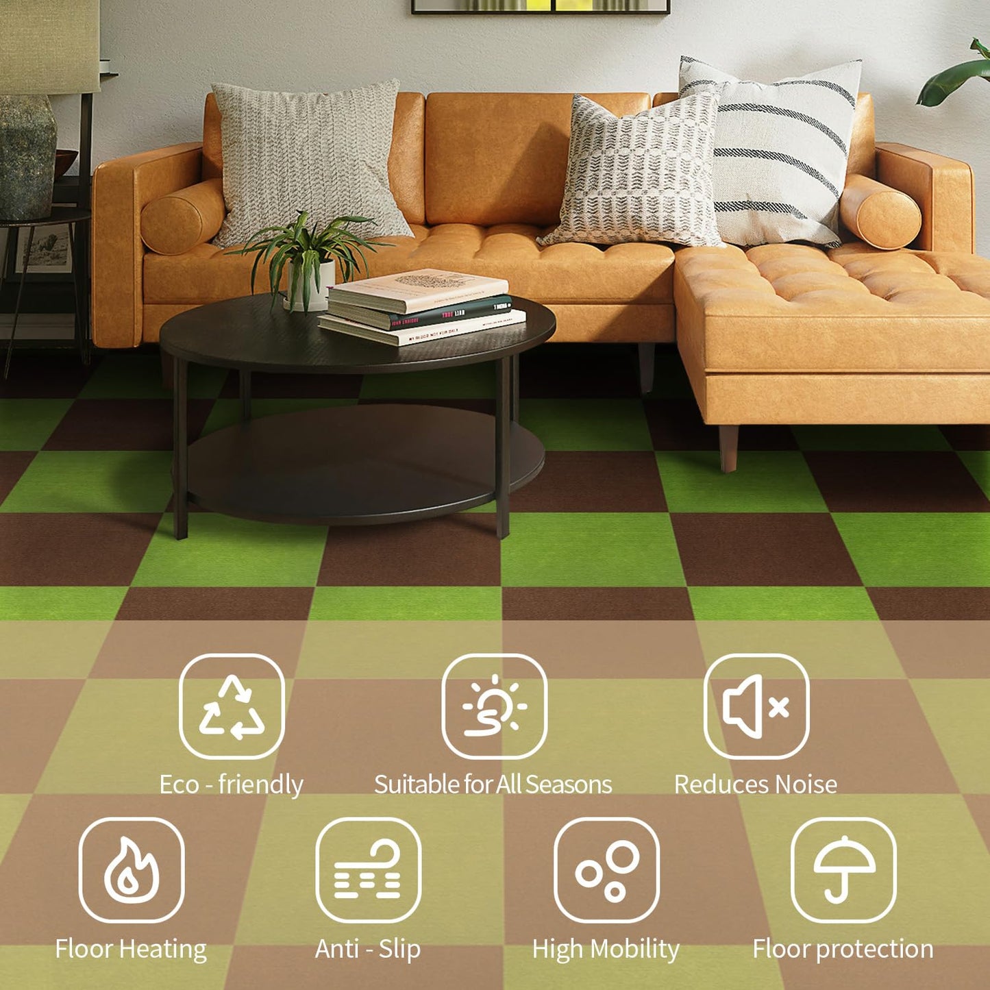 AKIVIDA Carpet Tiles Peel and Stick 24”x 24” Carpet Squares 12Pcs Non-Slip Self Adhesive Floor Tile DIY Reusable Waterproof Carpet for Gym Garage Tiles Green