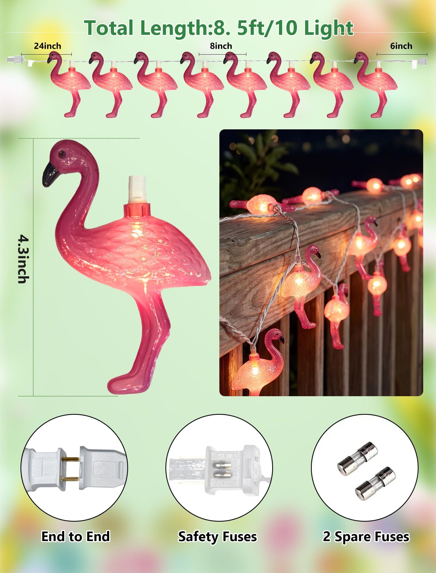8.5Ft Pink Flamingo String Lights Plug in, Summer Decorative String Lights with 10 LED Flamingo Decor Lights, Tropical Beach Light Waterproof for Bedroom Patio Hawaiian Tiki Luau Party Summer Decor