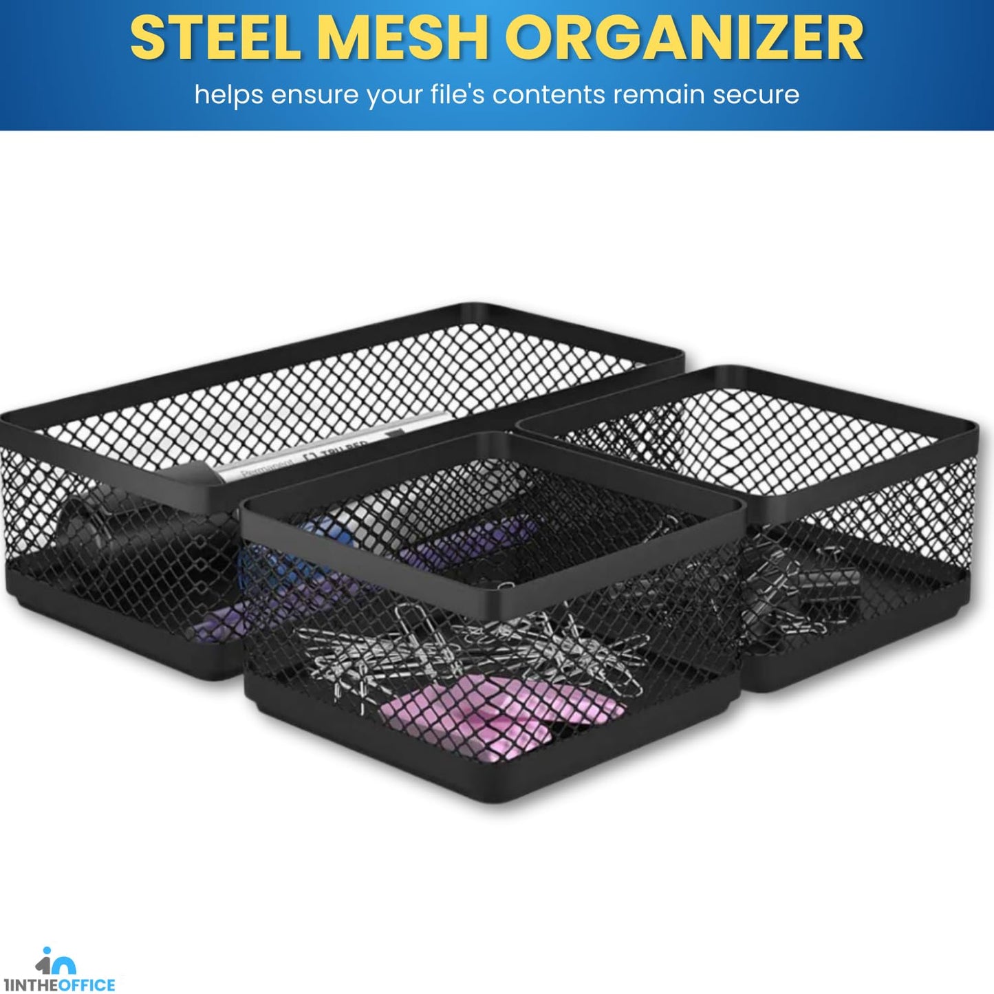 1InTheOffice Mesh Collection Desk Drawer Organizer Tray 3 Compartment - Stackable, Matte Black (2pack)