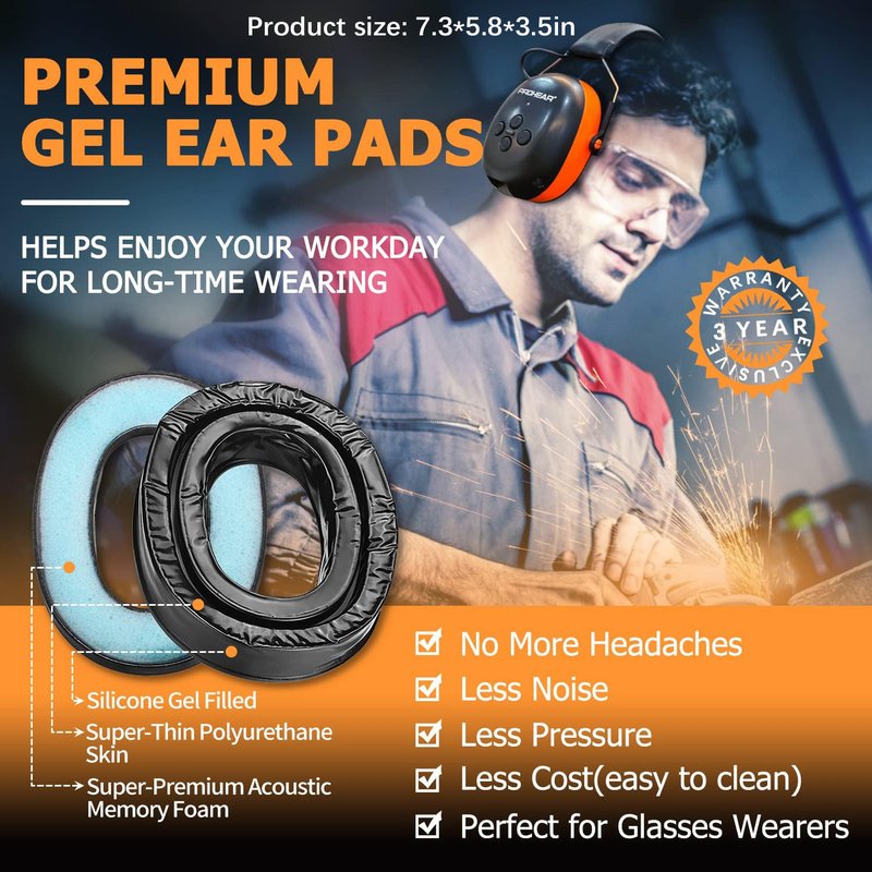PROHEAR 037 Gel Ear Pads Bluetooth 6.0 Hearing Protection Headphones,1500mAh Rechargeable Battery for 120H Playtime Perfect for Mowing Workshops Snowblowing - Orange
