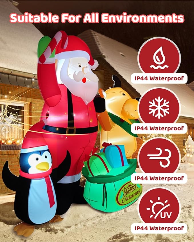 7FT Christmas Inflatables Outdoor Decorations, Blow Up Yard Decorations with Santa Claus Penguins Reindeer and Gift Bag Inflatable with LED Lights for Indoor Outdoor Yard Garden Decor