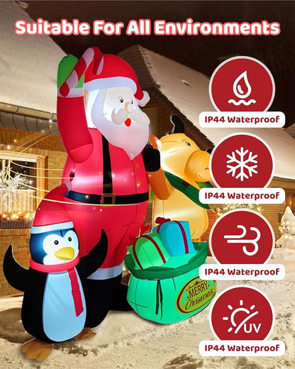 7FT Christmas Inflatables Outdoor Decorations, Blow Up Yard Decorations with Santa Claus Penguins Reindeer and Gift Bag Inflatable with LED Lights for Indoor Outdoor Yard Garden Decor