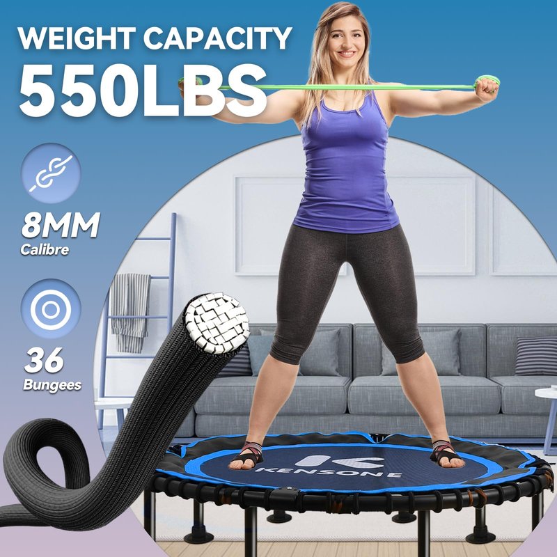 K KENSONE 48" Foldable Rebounder Trampoline for Adults with Bungee, 550 LBS Quiet Indoor Mini Trampoline for Adults Fitness with Adjustable U-Shaped Handle Bar for Gym Workout, Home Exercise, Blue