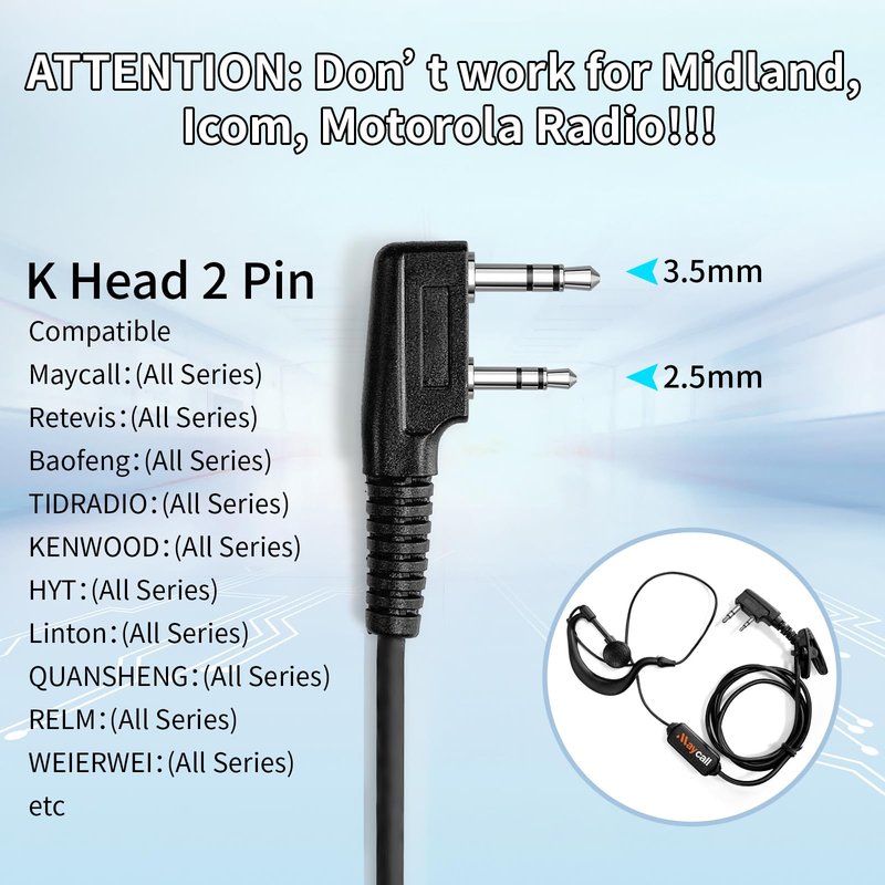 Maycall 5 Pack Walkie Talkie Earpiece with Mic Two Way Radio Earpiece 2 Pin Microphone Headset for Walkie Talkies Radio Compatible with ‎Retevis Baofeng Arcshell Kenwood Etc