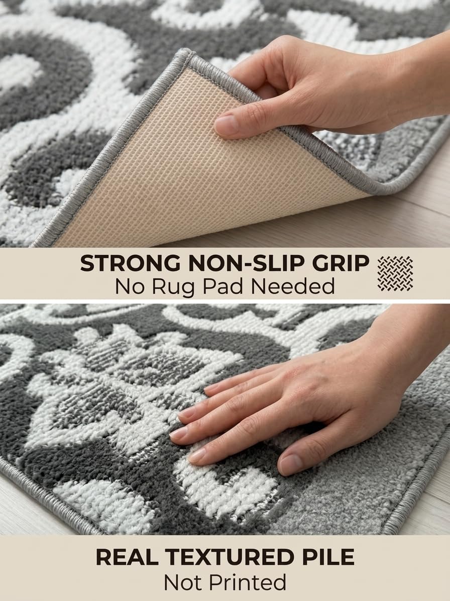 7 Ft Long Non-Slip Washable Carpet Runner Rug with Rubber Backing, Custom Floor Mat for Kitchen Hallway Stairs Bedroom Bathroom Entryway, Your Choice of Length, Lily Anthracite (26" X 7')