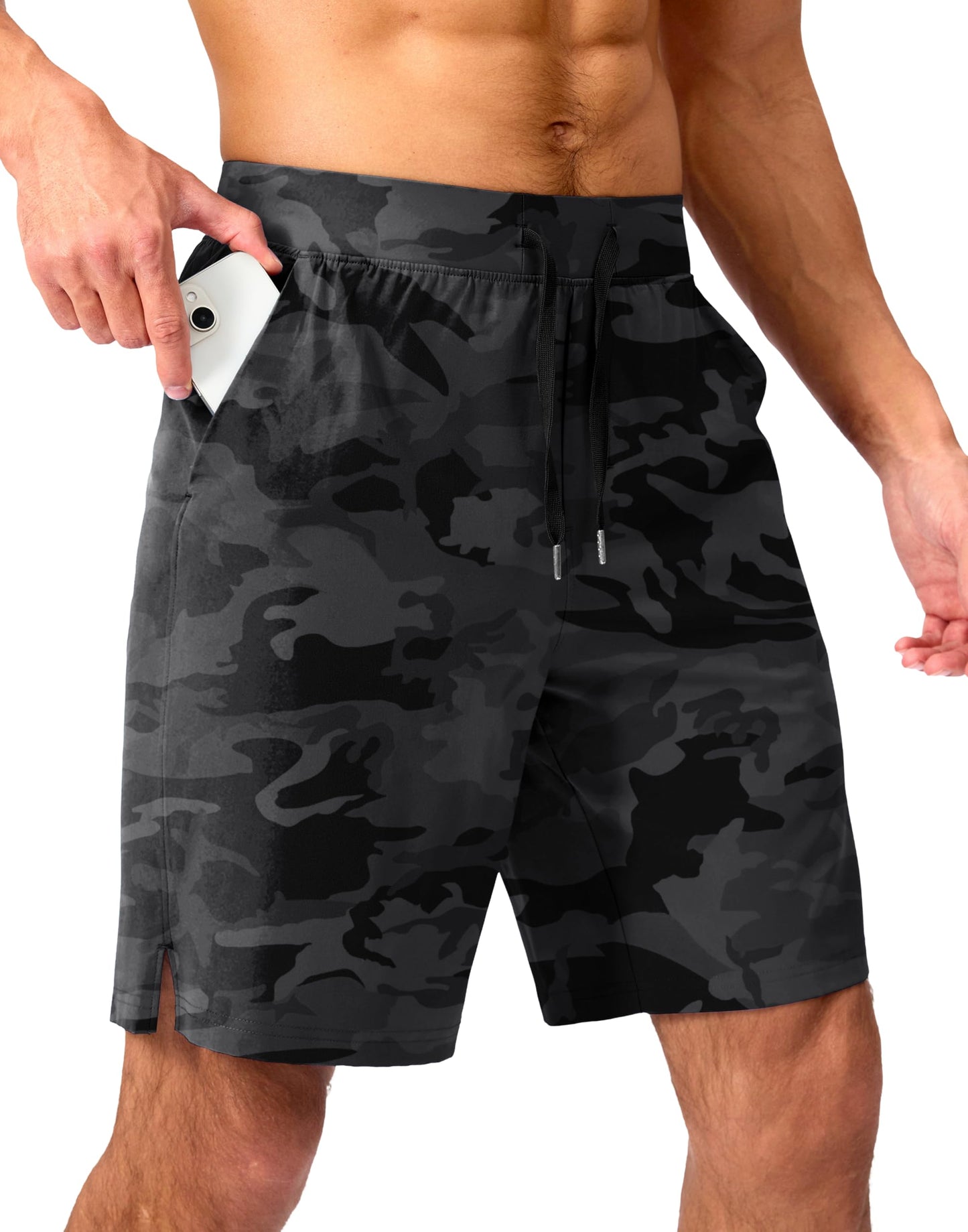Soothfeel Men's Running Shorts with Zipper Pockets 9 Inch Lightweight Quick Dry Gym Sports Athletic Workout Basketball Shorts for Men (Grey Camo, XXL)