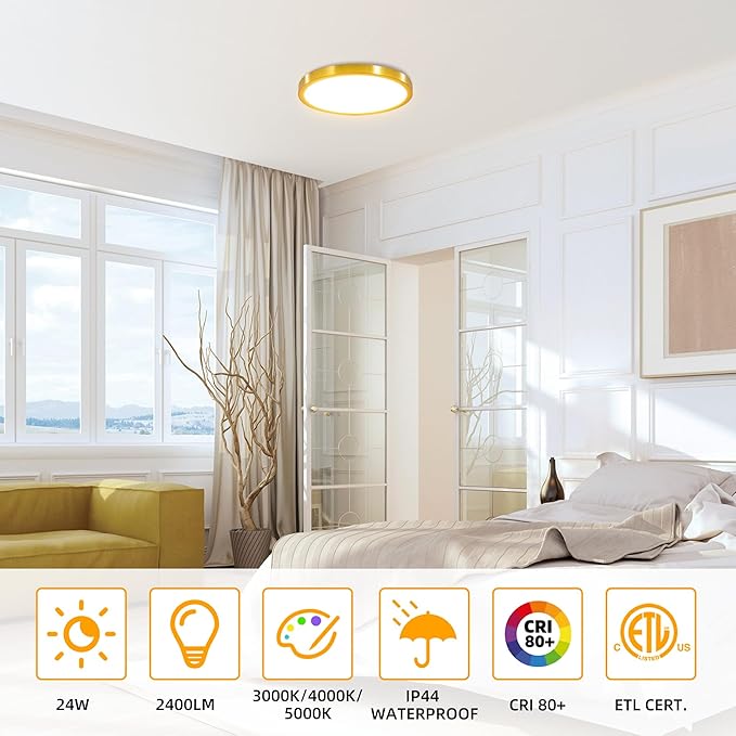 Hlite 4pack 12 inch Flush Mount LED Ceiling Light Fixture,24W 2400LM Super Slim Light Fixtures Ceiling Mount 3000K/4000K/5000K 3CCT Selectable,Ceiling Light Fixtures for Kitchen,Bedroom (Gold)
