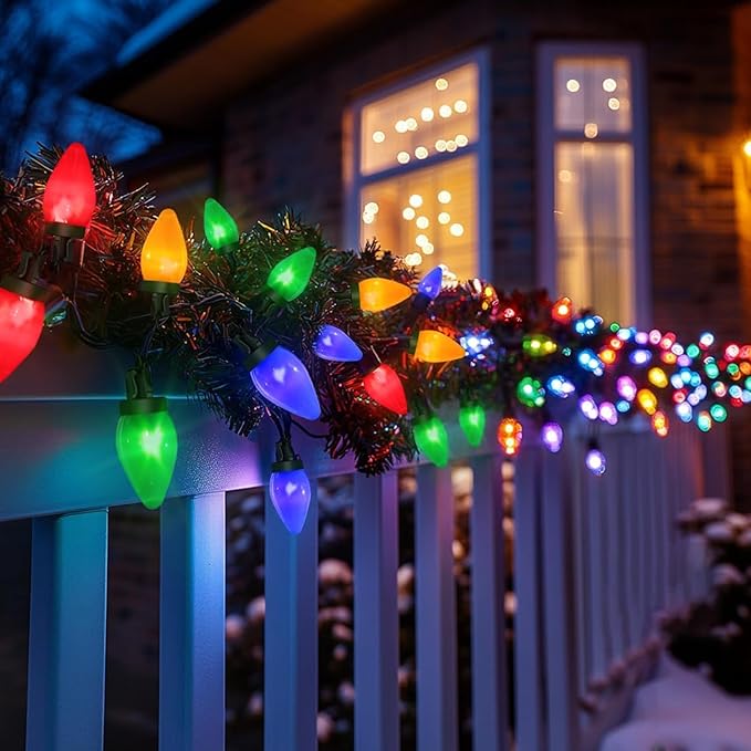 C7 35 LED Battery Operated Christmas Lights,Battery Powered Multicolor Waterproofing Bulbs,13FT 8 Modes with Auto On/Off Time for Xmas Tree Garden Patio Indoor Outdoor Christmas Decorations