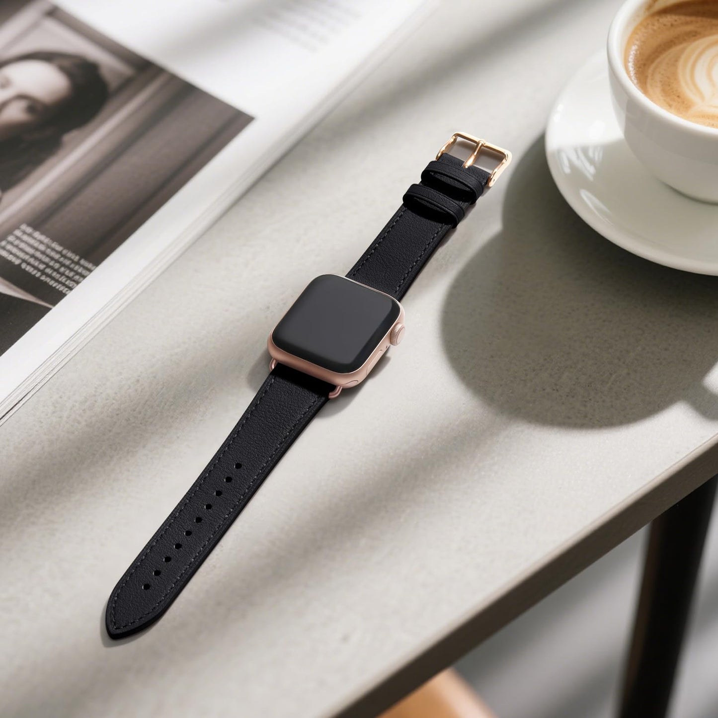 Bestig Leather Bands Compatible with Apple Watch Band 38mm 40mm 41mm 42mm(Series 10 11) for Women Men, Wristband Strap for iWatch SE3/2/1&Series 9 8 7 6 5 4 3 2 1(Black+Rose Gold)