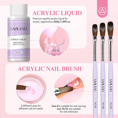 SAVILAND Essentials Acrylic Nail Kit Starter: Acrylic Nail Kit for Beginners with Everything White Pink Clear Acrylic Powder and Liquid Set #8/10/14 Nail Brush Forms Manicure Tools Home Nail Salon DIY