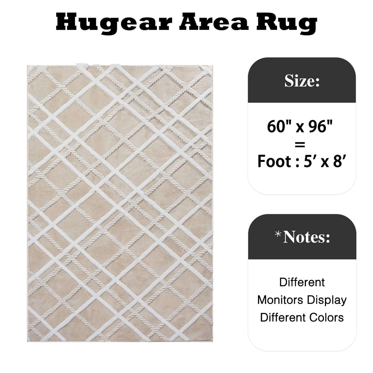 HUGEAR 5x8 Shag Area Rug Beige Modern Neutral Medium Plush Pile Super Soft Indoor Fuzzy Carpet Non Slip Non-Shedding Easy Care 0.5-inch Thick for High Traffic Areas in Living Room Bedroom Dining