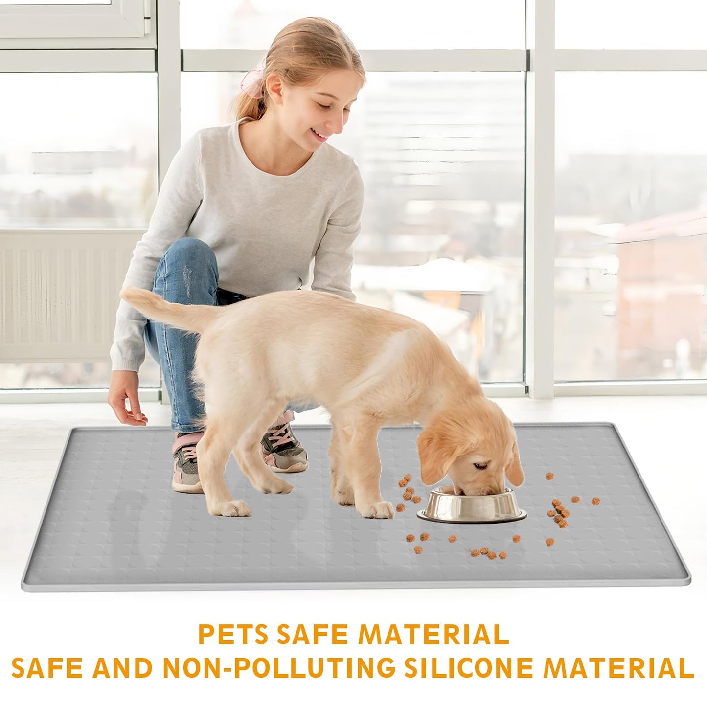 Extra Large Silicone Dog Food Mat 33.9"x21.9" – 0.27" Raised Edge Waterproof Pet Feeding Mat, Non-Slip Placemat for Multiple Bowls, Auto Feeders, Cat Fountains, Dishwasher Safe (Black/Gray)