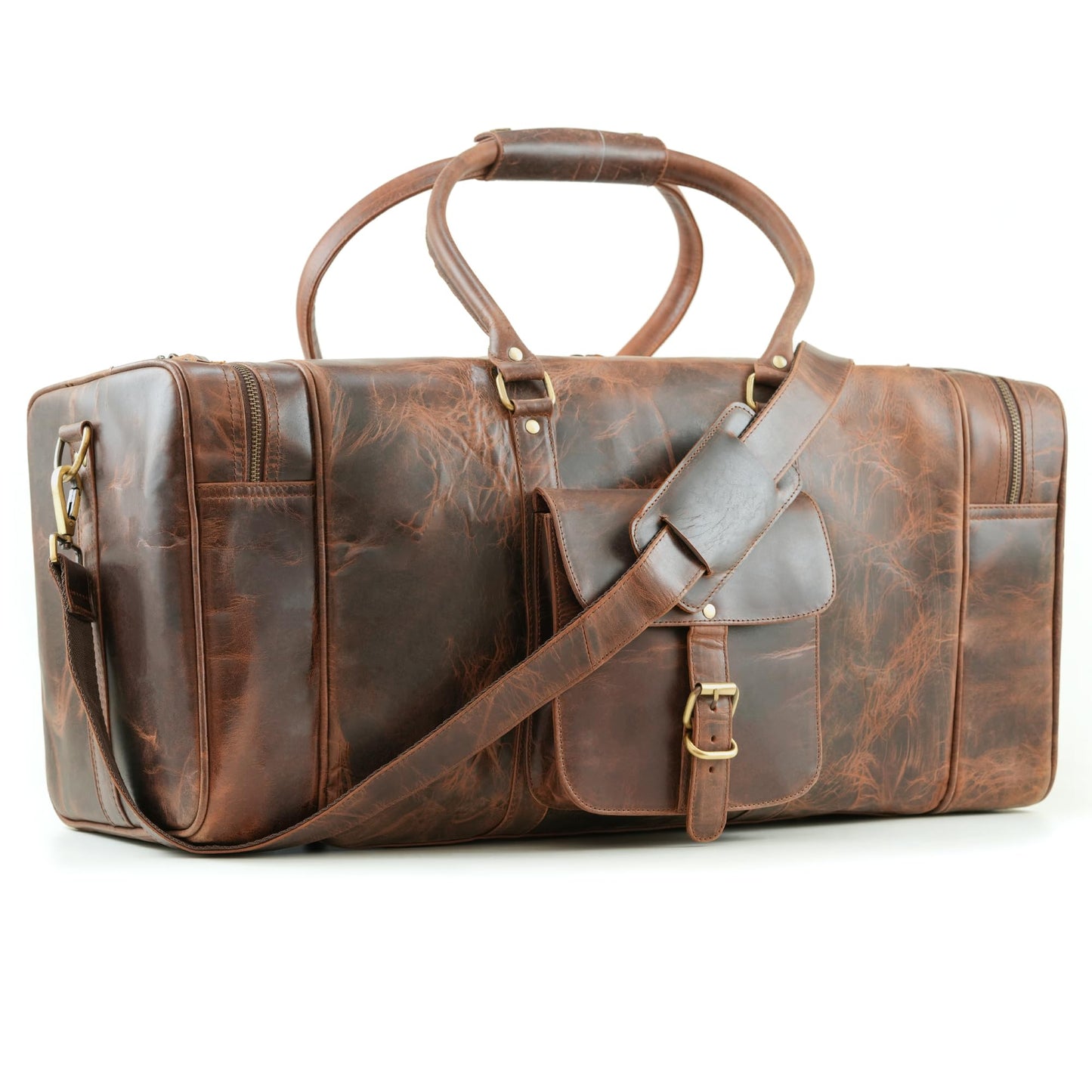 Handmade World Leather Duffle Bag for Men – Full Grain Buffalo Leather Weekender Travel Bag, Large Carry On Overnight Gym Bag, Handmade Rustic Brown Leather Luggage 24 Inch (Crunch Leather)