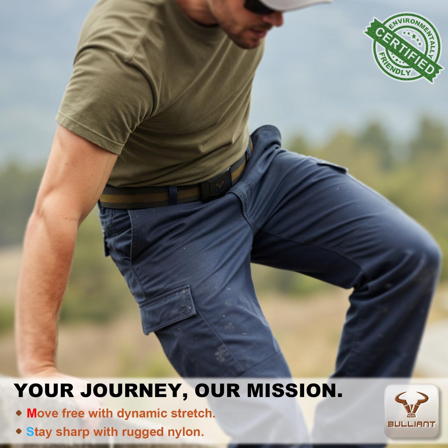 BULLIANT Men Belt-Tactical Work Rigger Web Western Belt Stretch Fit 1 1/2" For CowBoy Jean Outddor-Cut For Size(Black/Wood Thrush,28"-34" Waist Adjustable)