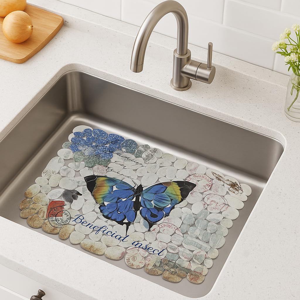 Printed PVC Sink Mat – Decorative 15.7" x 11.8" Flexible Sink Protector with Quick-Draining Pebble Texture – Scratch-Resistant, Easy-Clean Liner for Kitchen Sinks – Dependable Industries (Butterfly)