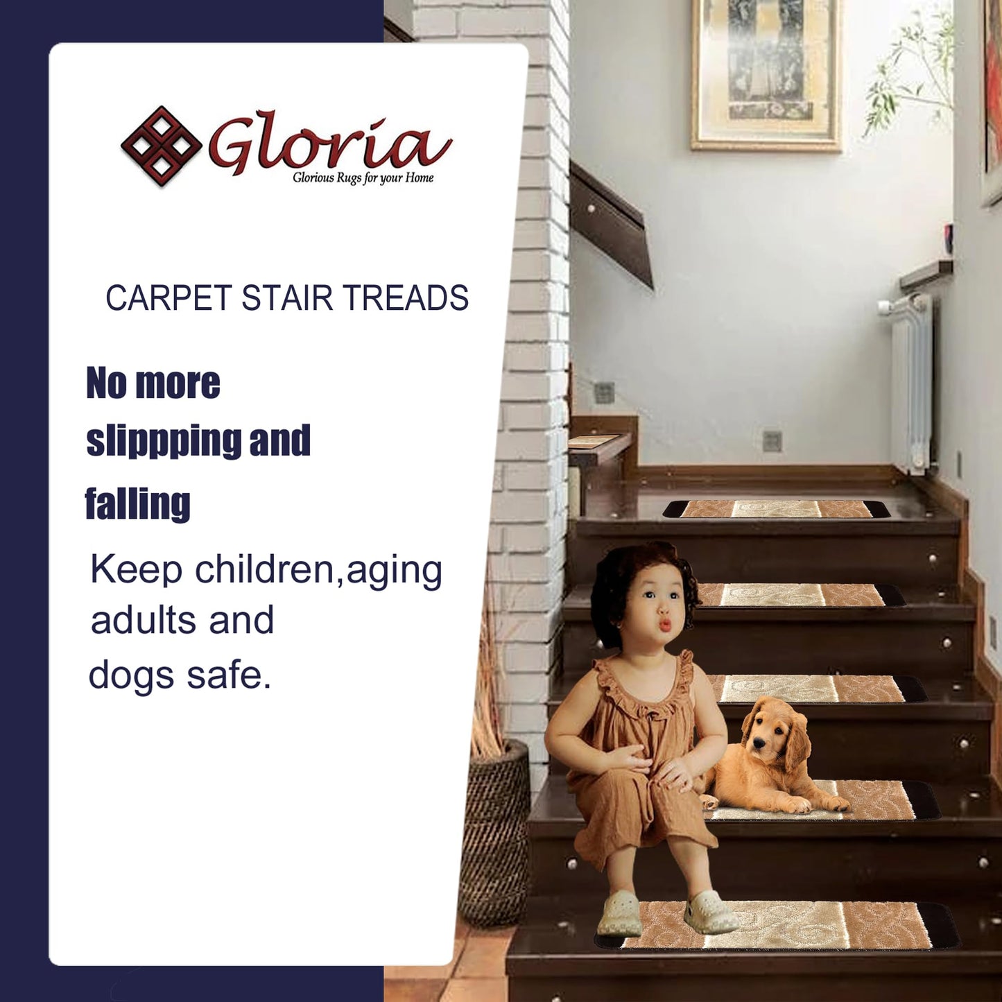 Gloria Rug High Pile Skid-Resistant Rubber Backing Gripper Carpet Stair Treads - Washable Stair Mat (Set of 7), 8.5" x 26" (2203 BGE)…