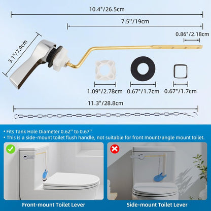 Hibbent 2 Pack Universal Metal Side Mount Toilet Handle with Stainless Steel Flapper Chains, Brass Toilet Flush Lever Replacement Kit with 4 Adjustable Holes for Most Side-Mount Toilets, Chrome Finish