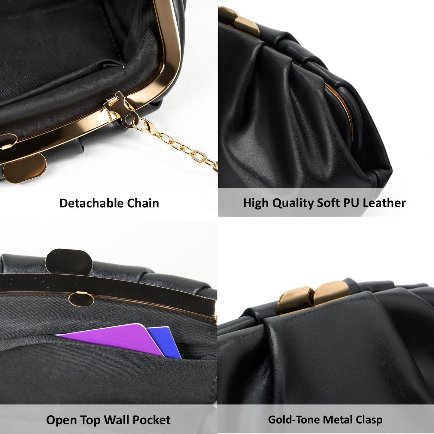 DETARA Vegan Leather Clutch Purse for Women Formal Soft Pleated PU Clutch Elegant Evening Bag Wedding Party and Prom (Black 933)