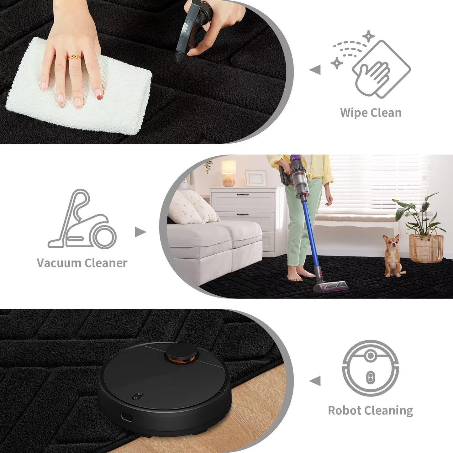 Flagover 4x6 Black Washable Area Rug for Bedroom, Modern Geometric Shag Non-Slip Living Room Rugs, Fluffy Plush Soft Memory Foam Carpet for Kids Boys Room Nursery Room Dorm Bedside Decor