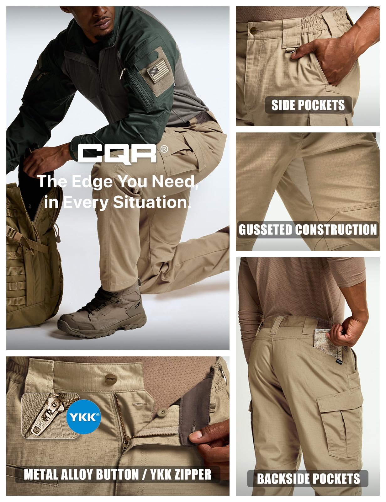CQR Men's Tactical Pants, Water Resistant Ripstop Cargo Pants, Lightweight EDC Work Hiking Pants, Outdoor Apparel, Raider Mag Pocket Khaki, 38W x 32L