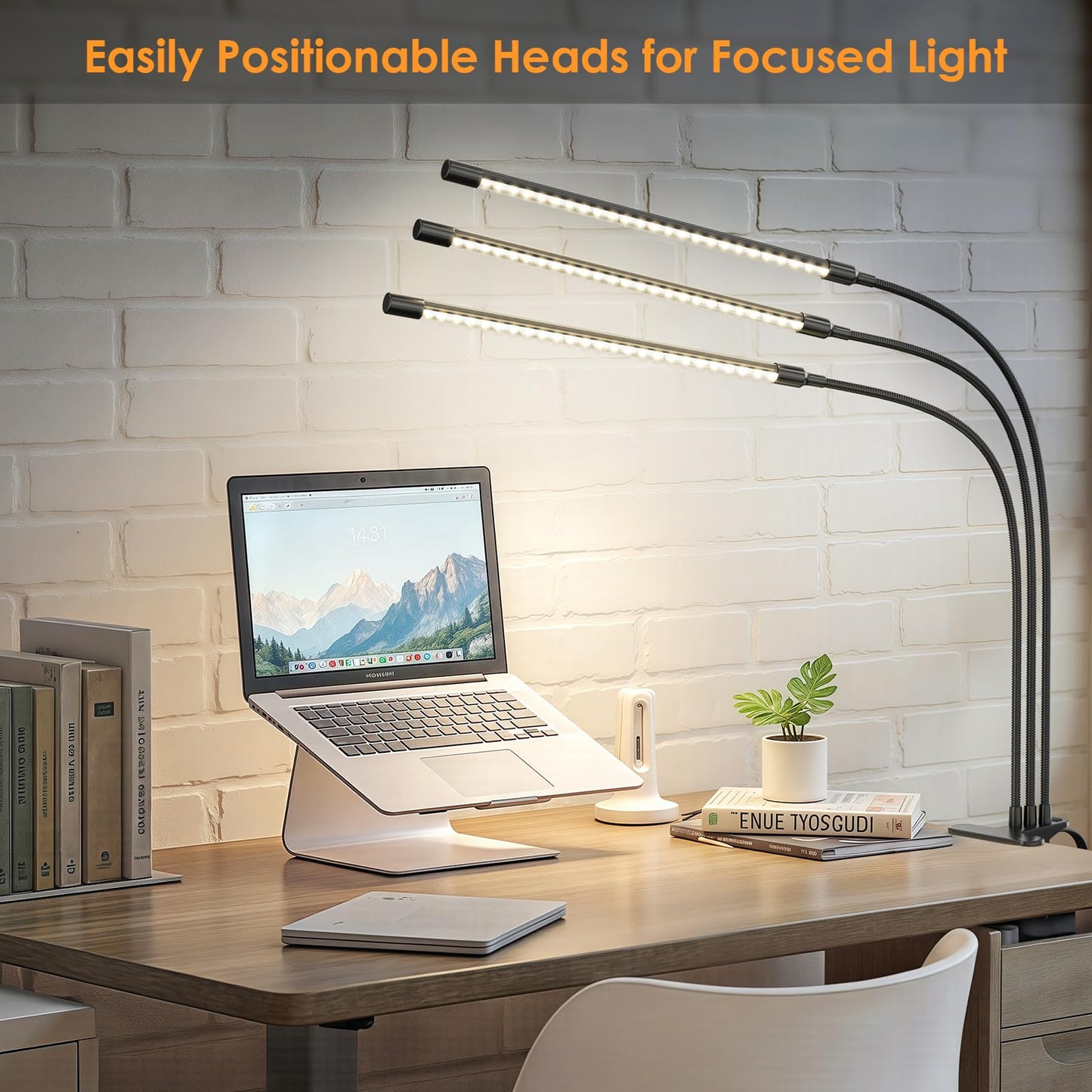 ShineTech LED Desk Lamp with Clamp, 3-Head Adjustable Gooseneck Task Lamps, Eye-Caring Stepless Dimming, 4 Color Modes, Memory & Auto-Off Timer, Clip On Desk Light for Home Office, Study, Reading
