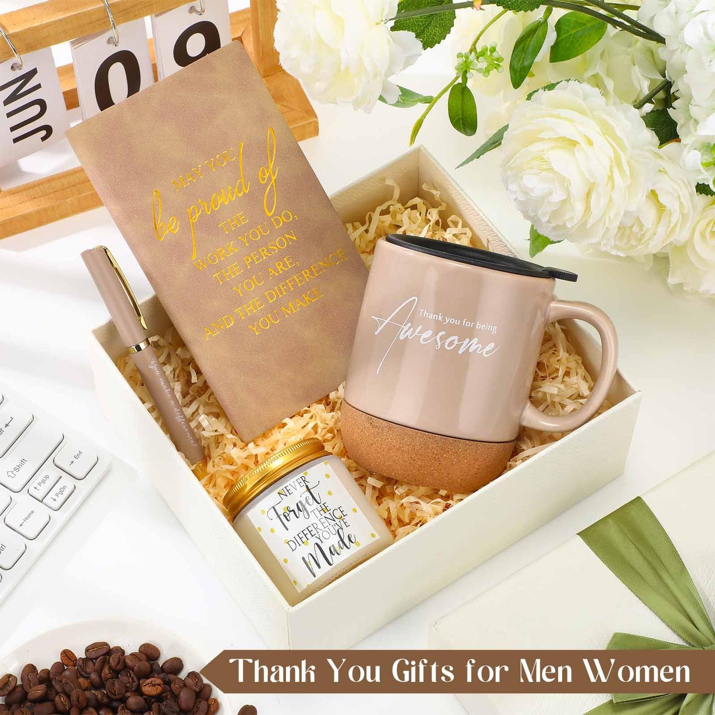 Sayglossy 4 Pcs Thank You Gifts Set for Women Men Administrative Professional Day Employee Appreciation Notebook Coffee Mug Scented Candle Ballpoint Pen for Teacher Nurse Coworker Volunteer