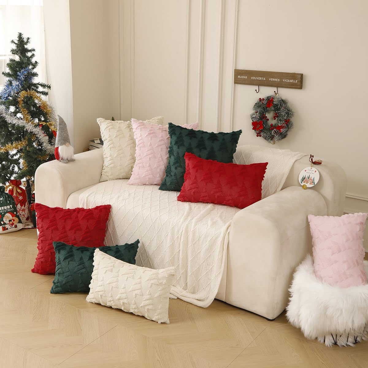 All Smiles Christmas Decorative Pillow Covers 18x18 Set of 2, Xmas Navidad Ornaments Soft Plush Faux Fur,Decorations Winter Holiday Couch Cases Home Decor for Sofa Livingroom Bed,Pink