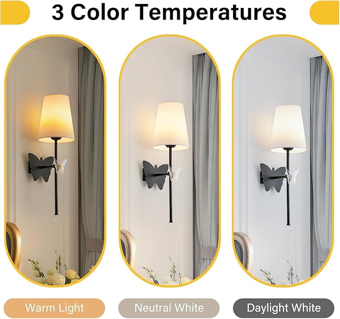 Battery Operated Wall Sconces Set of 2,Rechargeable Wall Lights with Butterfly Crystal Decorative Sconces,Cordless Battery Sconce Indoor Wall Lamps for Bedroom Living Room Hallway Stairs Black