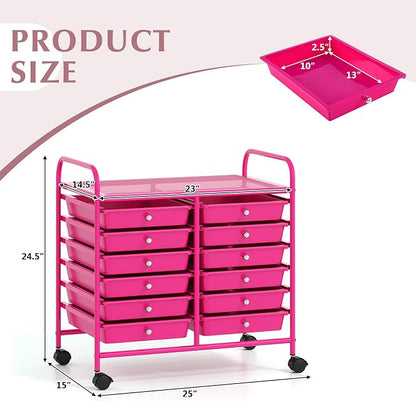 COSTWAY 12-Drawer Rolling Storage Cart, Utility Storage Organizer Cart for Tools, Scrapbook, Paper, Craft, Multipurpose Art Supply Organizer on Wheels for Home Office School, Teacher, Hot Pink