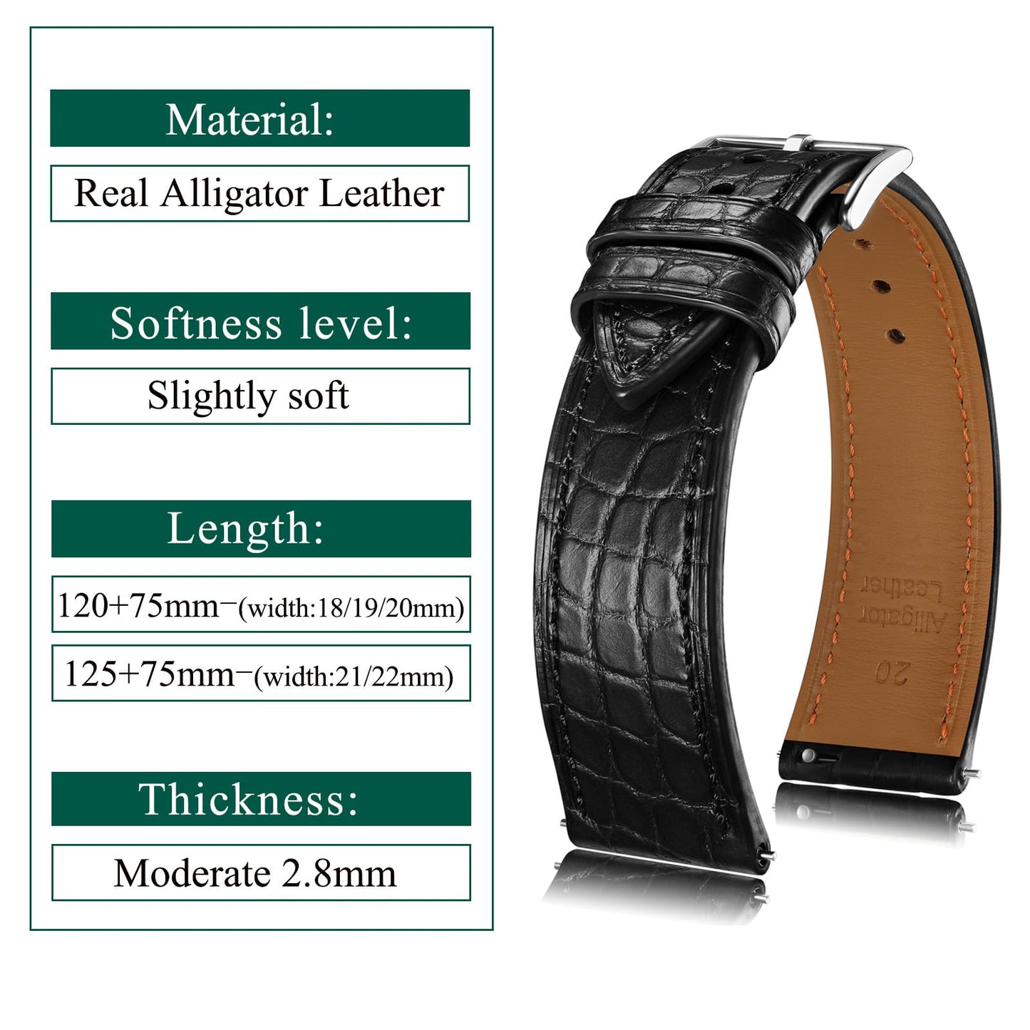 Getalia® Genuine Alligator Leather Watch Band, Crocodile Grain Strap with Quick Release,18 20 22mm Replacement Watch Strap for Men and Women（Black-Width:20mm）
