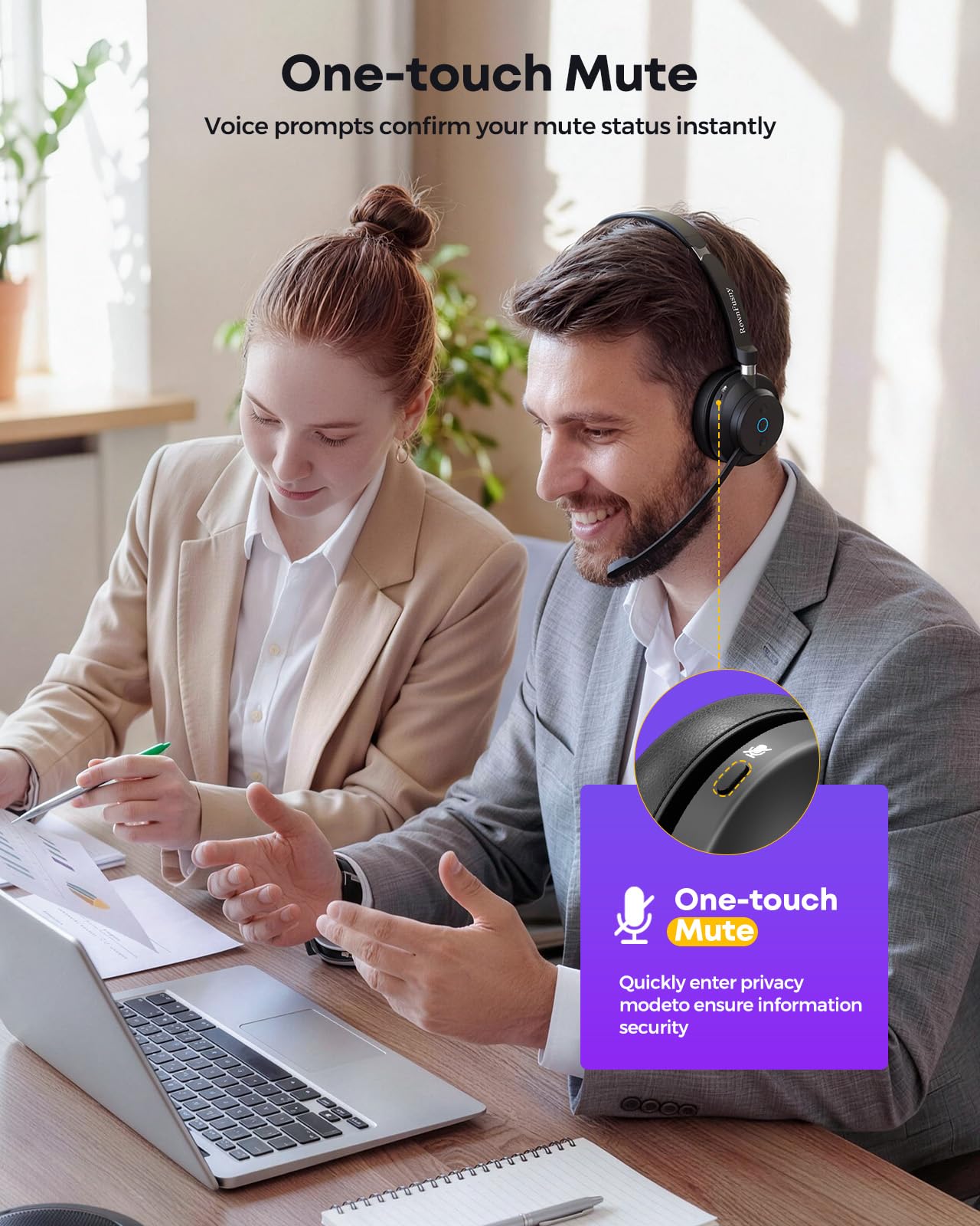 Wireless Headset with Mic for Work, Clear Sound ＆ Comfortable ＆ Stable Connection, Bluetooth Headphones with Microphone, Wireless Headset with Charging Base & USB Dongle for Office/Home/Call Center
