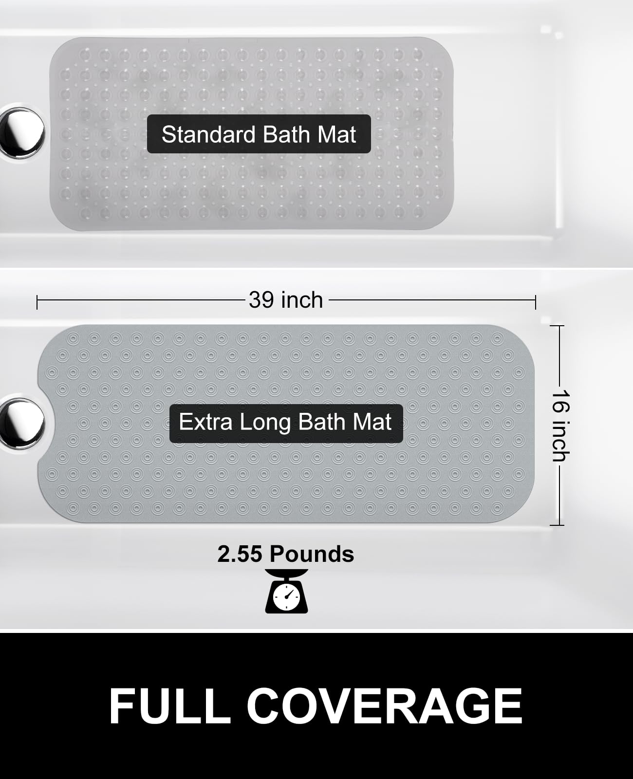 OTHWAY No Suction Cup Bath Mat: 39x16 inch Extra Long Bathmat│Perfect for Ordinary or Refinished Bath Tubs │Made of Nature Rubber│Protect Your Bathtub (Grey)
