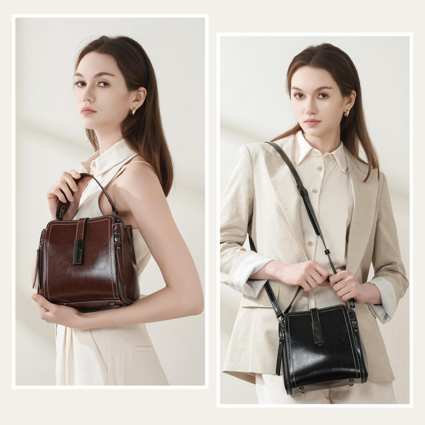MoreFarther Genuine Leather Crossbody Bags for Women, Genuine Leather Purses Bucket Bags Shoulder Bag with Adjustable Shoulder Straps (Caramel)