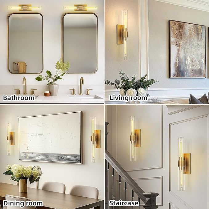 Brass Vanity Light Hardwired, 2-Light Bathroom Wall Sconce Over Mirror, 22.8" Gold Vanity Lights for Bathroom, Dimmable Wall Sconce with Glass Tube, Linear Wall Sconces for vertical and horizontal