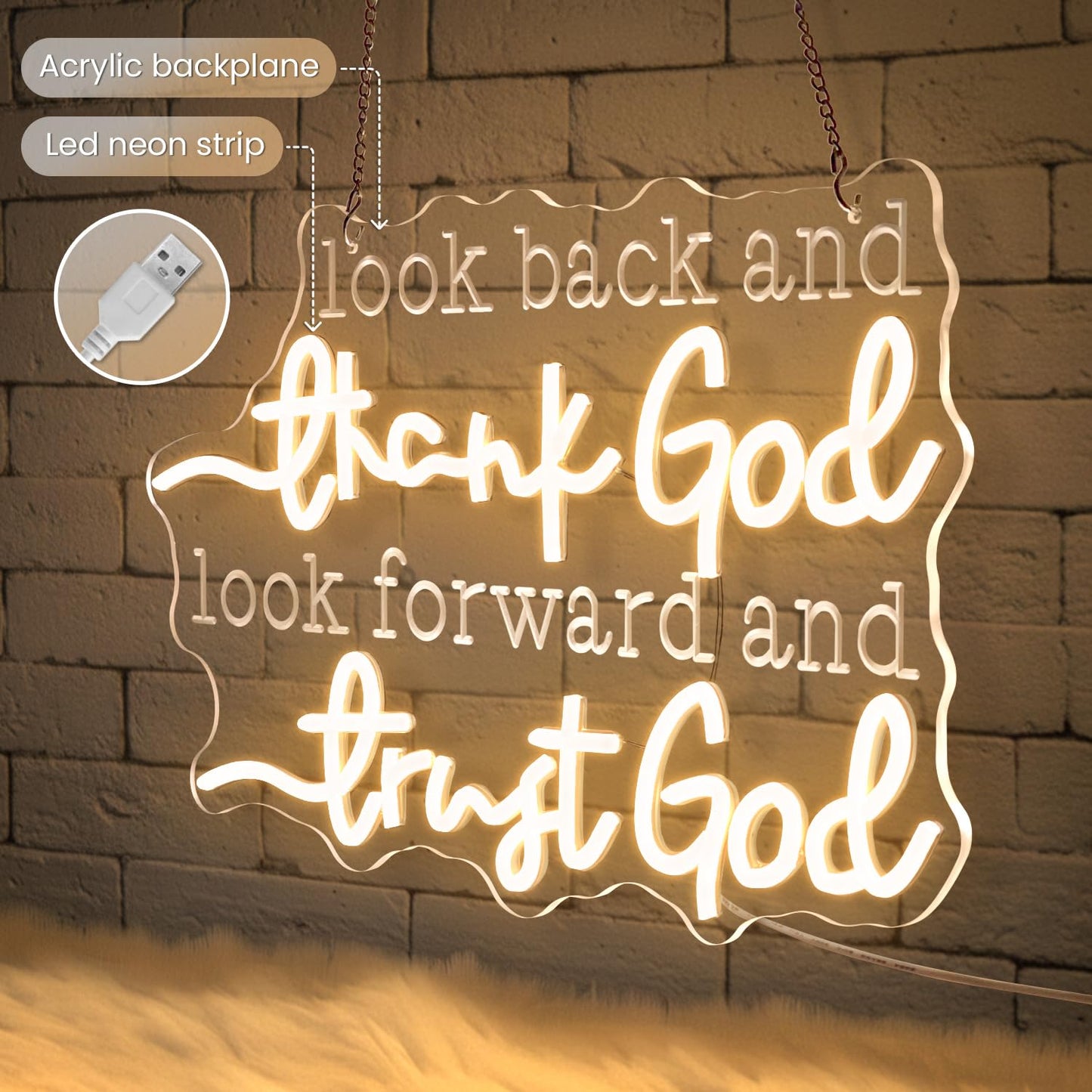 Sneignon Christian Neon Sign – “Look Back and Thank God,Look Forward and Trust God” LED Neon Wall Decor with USB Power & Dimmable Brightness,Bible Verse Neon Light for Bedroom,Church,Home