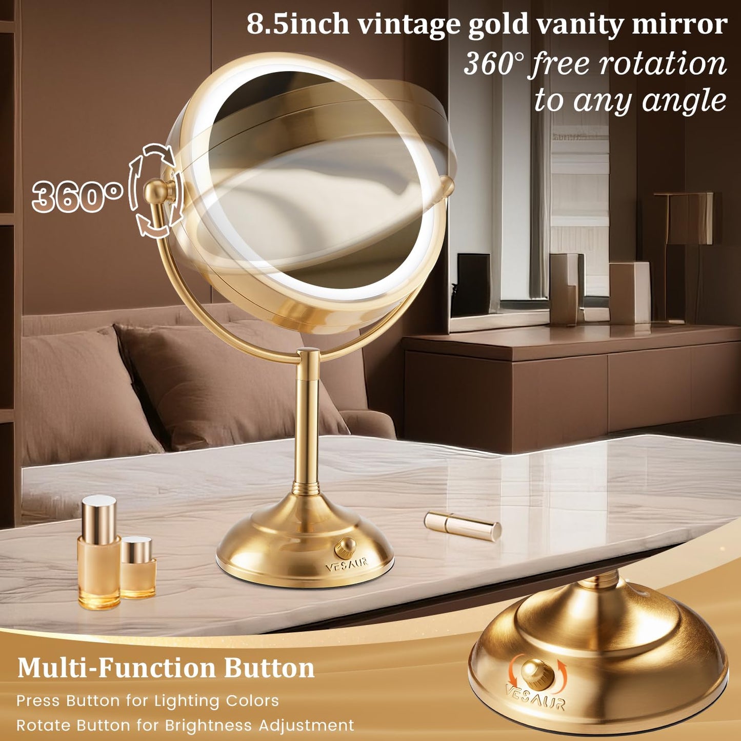 Professional 8.5" Large Lighted Makeup Mirror with Brighter Lights, 1X/10X True HD Magnifying Mirror with 3 Color Dimmable Lights, 90 Shadowless LEDs, 360°Swivel Seamless Vanity Mirror, Pearl Nickel