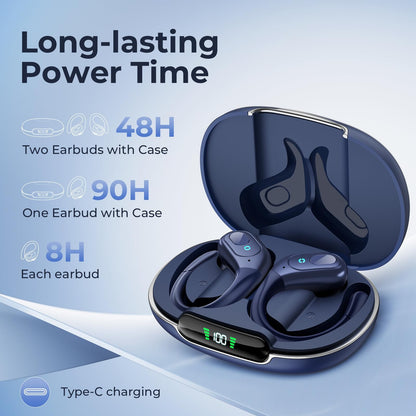 occiam Active Noise Cancelling Earbuds Wireless Bluetooth Headphones Ear Buds 90Hrs Playback Stereo Bass Earphones with Mic Over-Ear Hooks IPX7 Waterproof Headset for Work Sports Running Gym Deep Blue