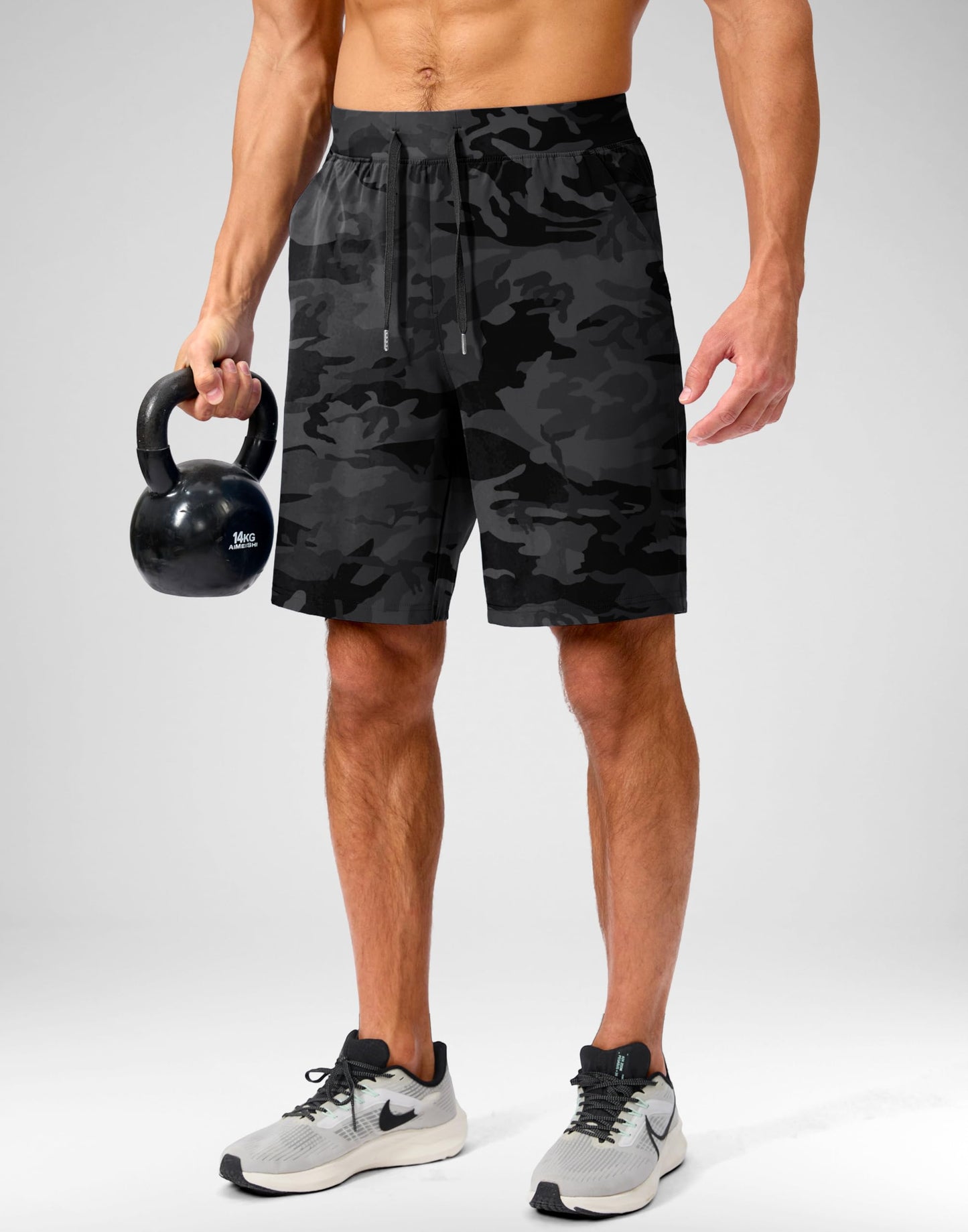 Soothfeel Men's Running Shorts with Zipper Pockets 9 Inch Lightweight Quick Dry Gym Sports Athletic Workout Basketball Shorts for Men (Grey Camo, XXL)