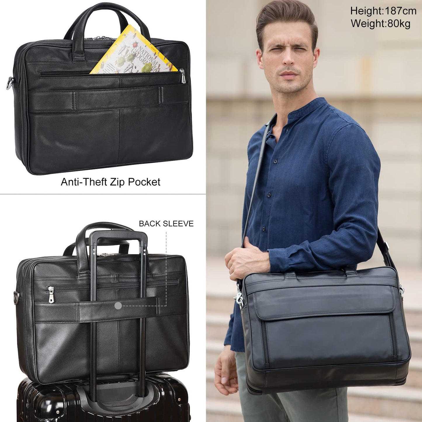 Masa Kawa Black Leather Briefcase for Men 17 Inch Laptop Computer Case Business Travel Work Messenger Cross Body Shoulder Bag