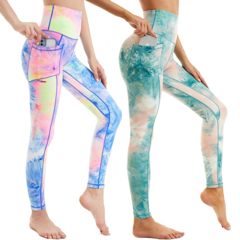 ROSA JUNIO 2 Pack High Waist Leggings with Pockets for Women, Tie Dye Stretch Workout Leggings Exercise Athletic Yoga Pants