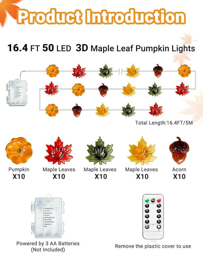 btfarm Fall Decor 16.4FT 50 LED 3D Pumpkin Maple Leaf Acorn Fairy String Lights Battery Operated with Remote Timer, Thanksgiving Decorations Waterproof for Home Autumn Harvest Halloween Party