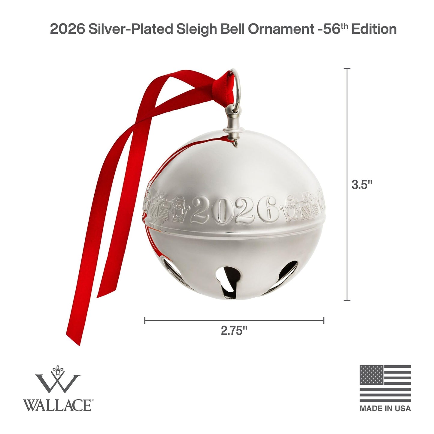 Wallace 2026 Silver-Plated Sleigh Bell Ornament 56th Edition - Penguins and Presents Annual Collectible Holiday Bell with Gift Box