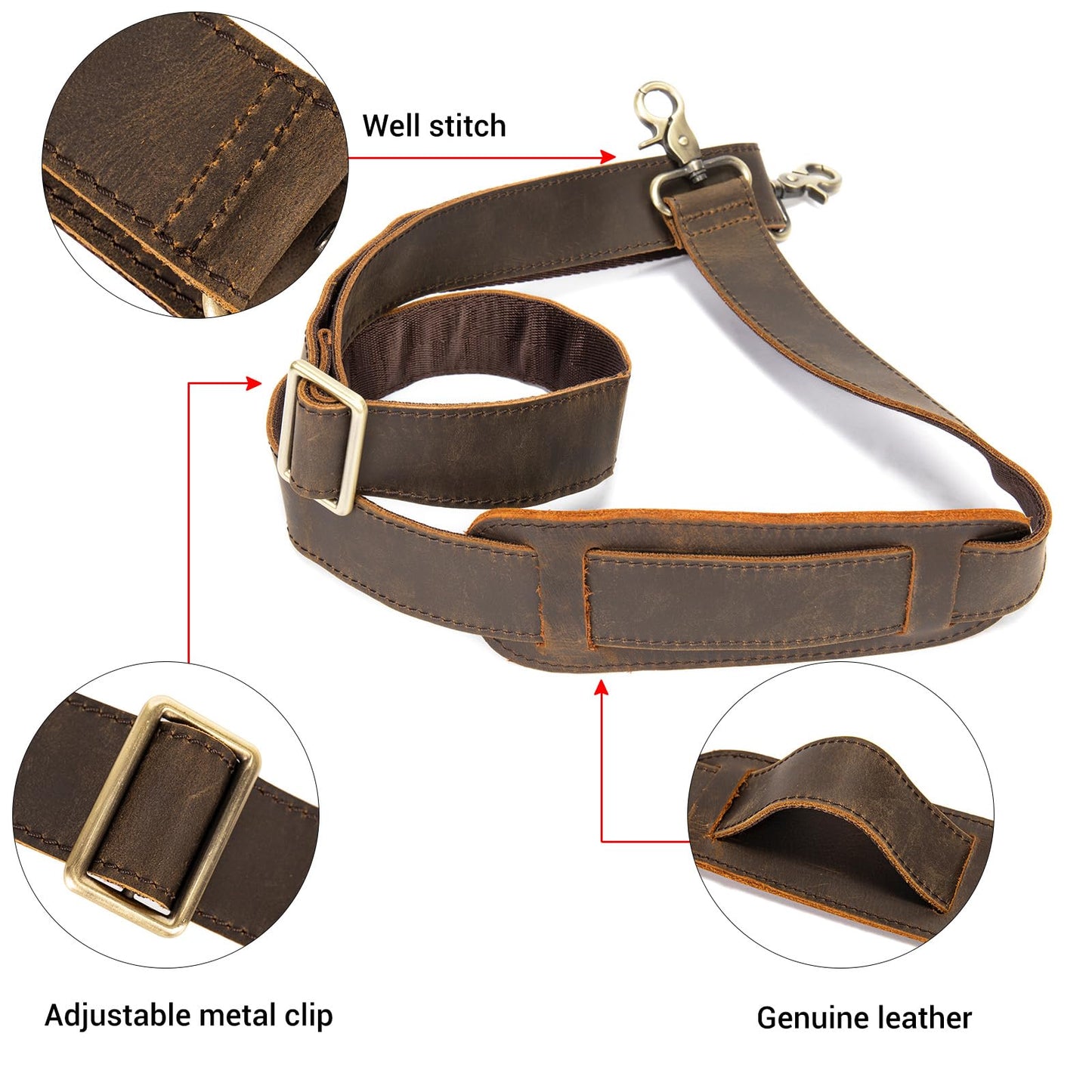 MASIWEI Genuine Leather Bag Strap Replacement Shoulder Strap Adjustable with Padded for Duffel Bag, Crossbody Bag, Laptop Bag, Briefcase, Messenger Bag,Coffee