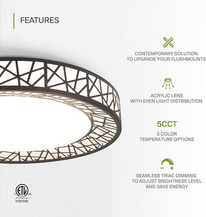 ASD 14 Inch LED Flush Mount Ceiling Light Fixture for Bedroom, 24W 1534LM 5CCT 2700K-5000K, Triac Dimmable Lights, Dining, Living Room, Kitchen Lamps, Modern Home Lighting Fixtures, Black, ETL